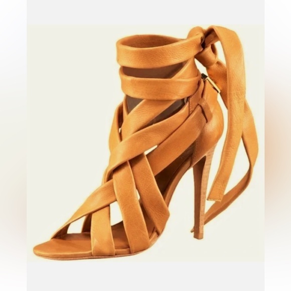 Tory Burch Wrap Up Heel - Lounge-Baby Tan Leather Shoes Stiletto Heel Size 8M - Picture 1 of 13